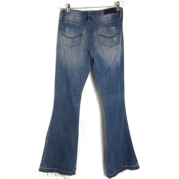 TWENTYONE BLACK Mid Rise Flared Denim Jeans RUE 21 Juniors Size 3/4 Distressed - Picture 2 of 11